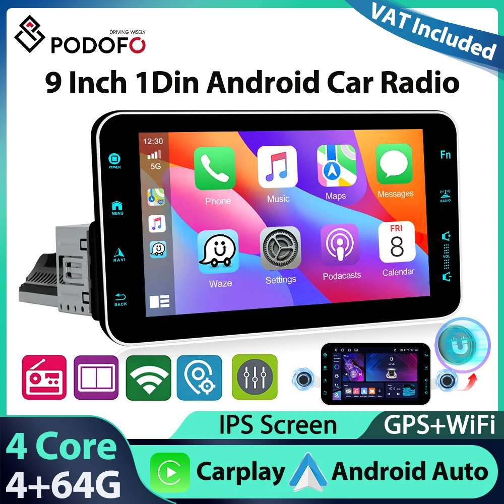 Autoradio Podofo 9'' con Schermo Ribaltabile 1Din, Lettore Multimediale 4+64G, WIFI, GPS, Navigazione, RDS, Bluetooth, Carplay, Android Auto