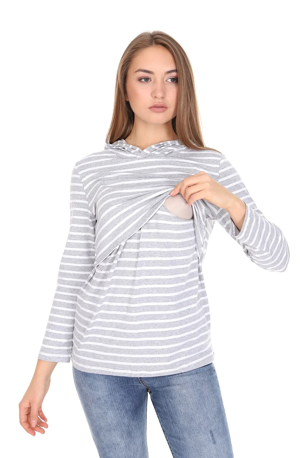 

LuvmaBelly MYRA3521 Gray Striped Kapüşonlulu Breastfeeding Sweatshirt
