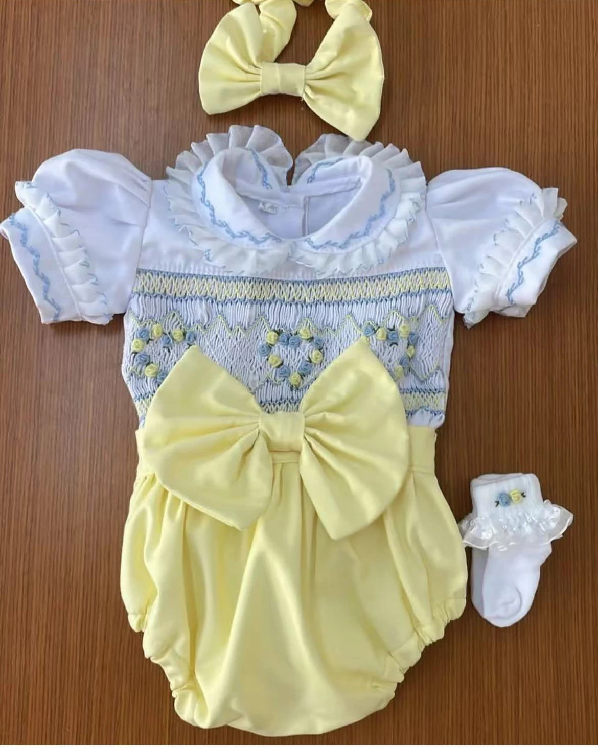 

0-6Y Girl Summer Pink Flower Yellow Shorts Smocked White Outfit Suit for Birthday Party Photograph A184