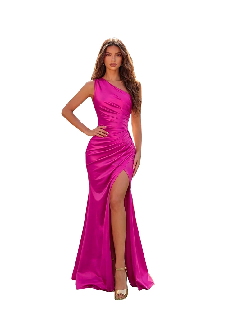 Elegantes Brautjungfernkleid, One-Shoulder-Satin-Abendkleid, gerafftes, hochgeschlitztes Meerjungfrauen-Maxikleid für Damen, Hochzeitsgast, Abschlussball, Party – Detail 3