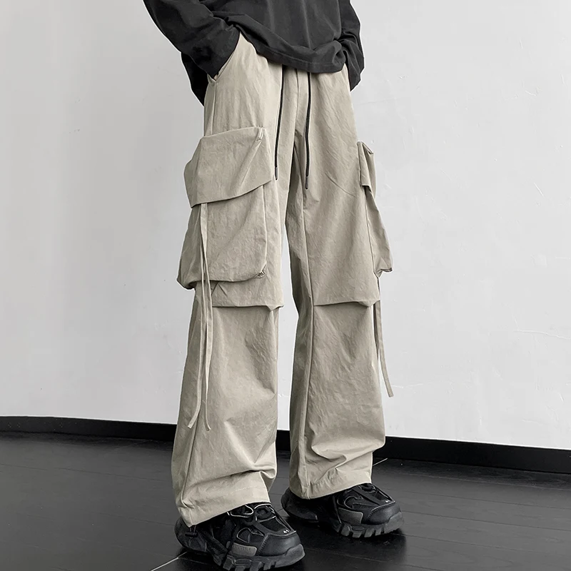 Autumn brand new elastic waist drawstring men's casual overalls trousers straight loose large pockets Y2Kcityboy wide leg pants