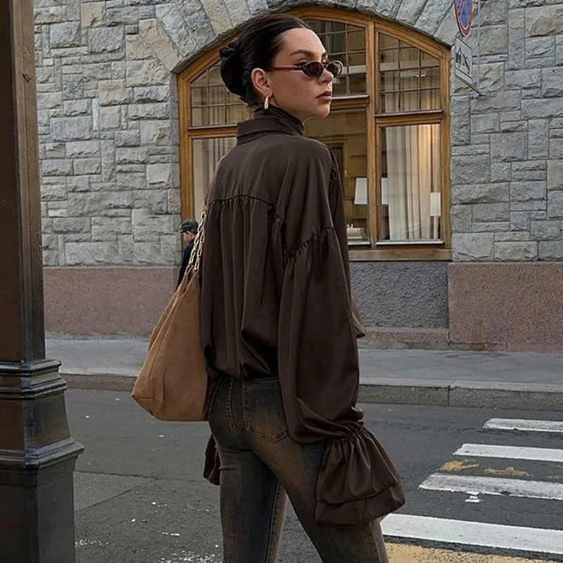 Tornova وشاح مضيئة كم قميص نسائي فضفاض التلبيب الساتان مكتب سيدة واحدة الصدر البلوزات بلون الصيف عادية جديد #3