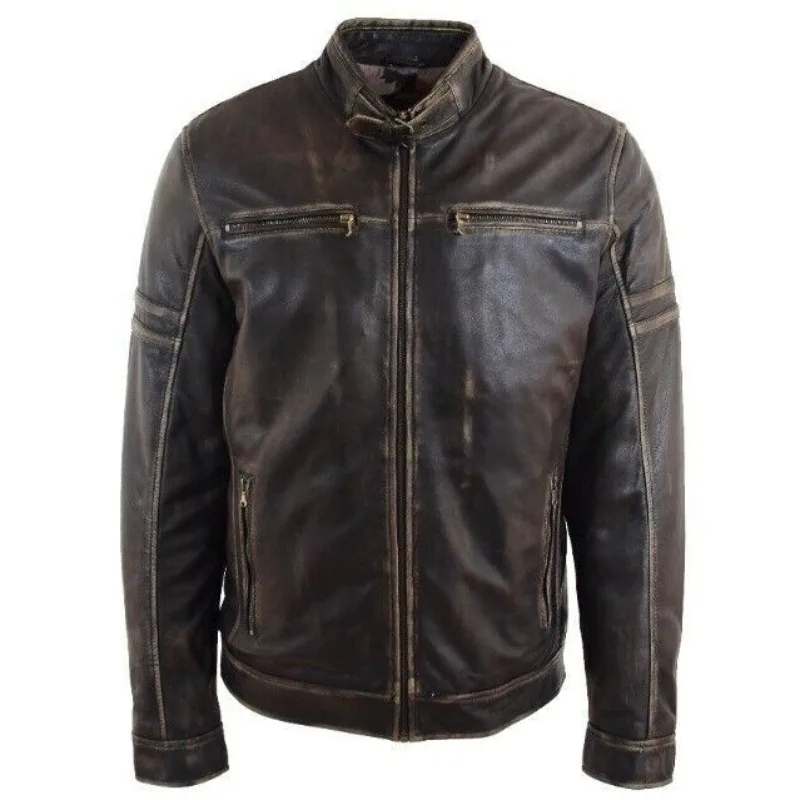 Men's Lambskin Leather Distressed Jacket Black Cafe Racer Retro Biker Jacket