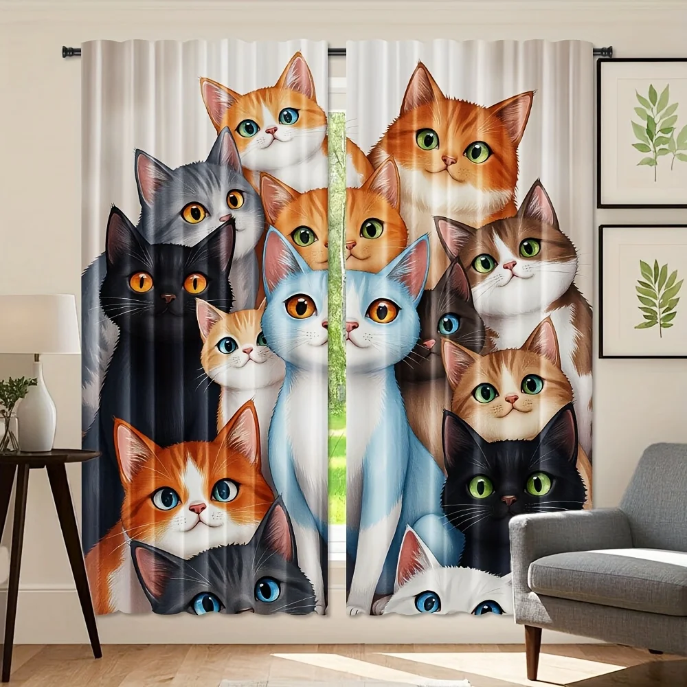 Cute Cat Family Curtain, Colorful Kitten Group Print Drape, Funny Animal Window Treatment for Kids Room Living Room Home