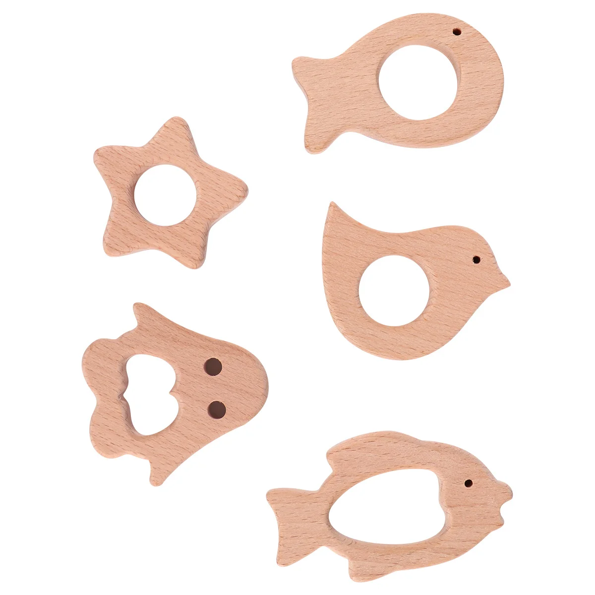 유아용 나무 치발기 5개, 천연 나무 치통 완화, 동물 모양 학습 활동, 아기 씹는 링