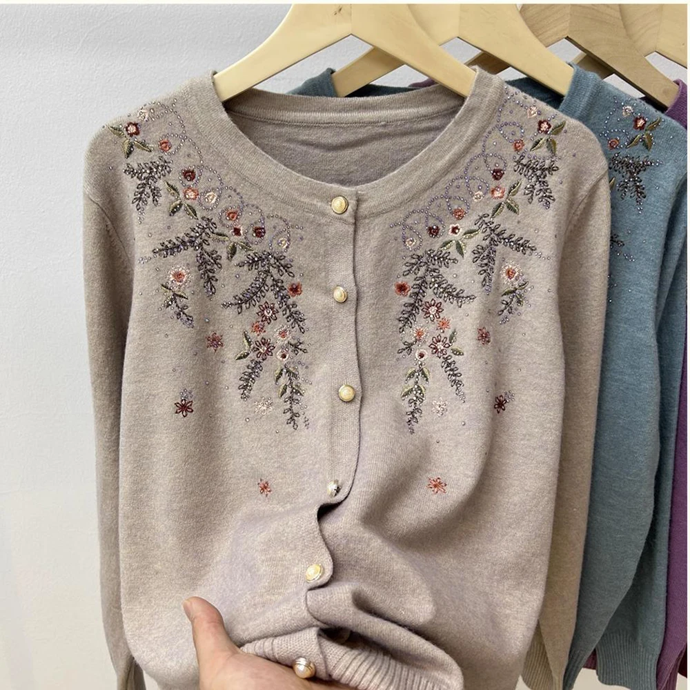 Middle Aged Elderly Women Knitted Cardigan Sweater Jacket Spring Autumn Casual Embroidered Knitwear Mother Sweater Coat M-4XL