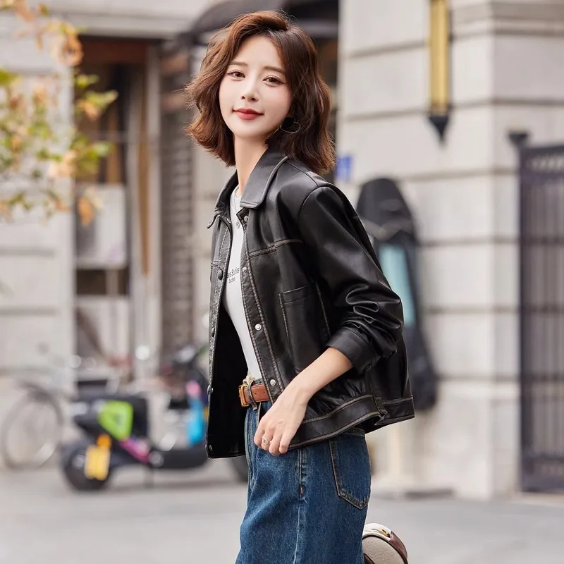 Damski płaszcz ze skóry naturalnej, casualowy, wysokiej jakości, luźny krój, długi rękaw, do pracy, Guangzhou Thirteenth Fac.