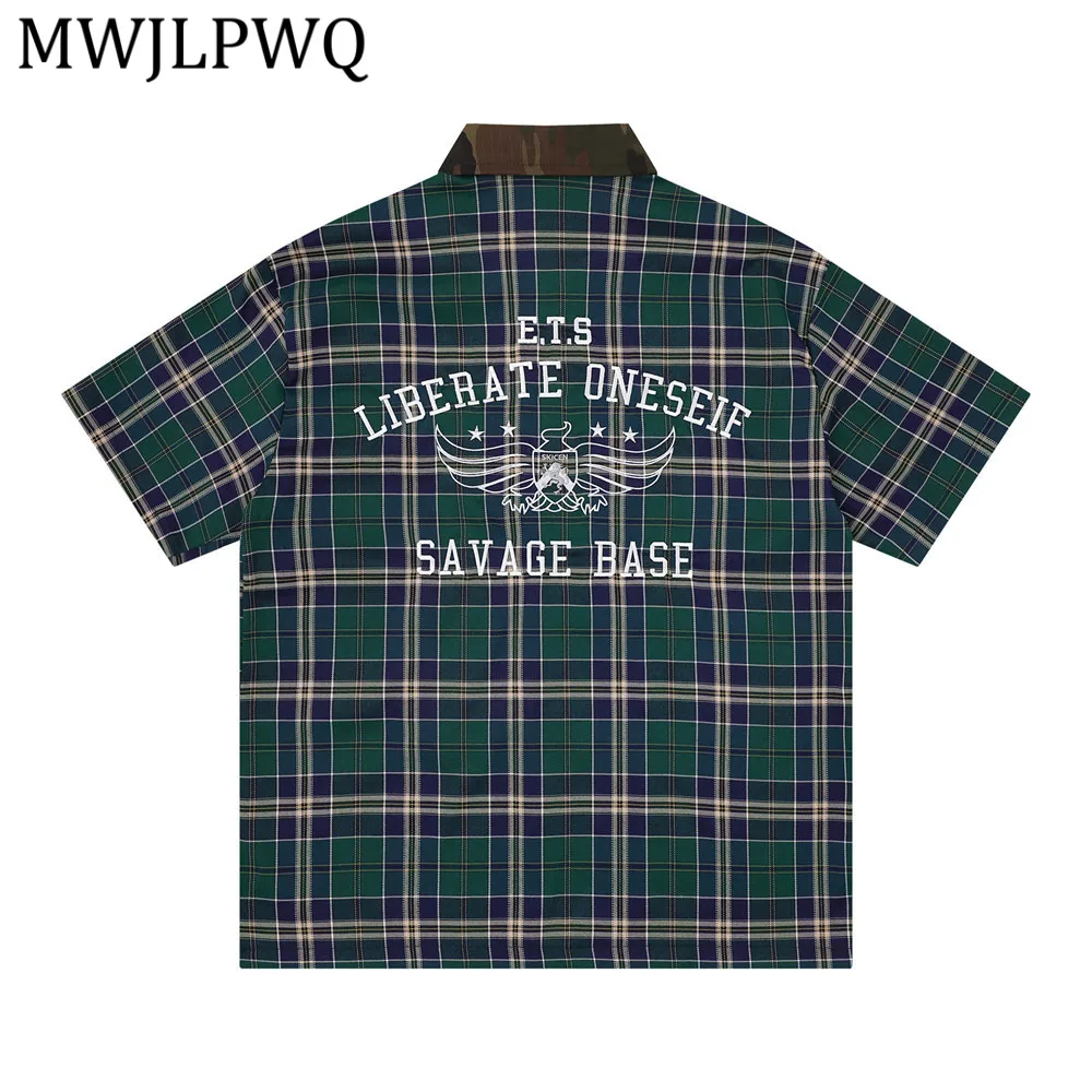 

MWJLPWQ American Letter Embroidery Versatile Plaid Shirt Men's Street Style Loose-Fit Short-Sleeve Tops Male Summer Vibe 15044