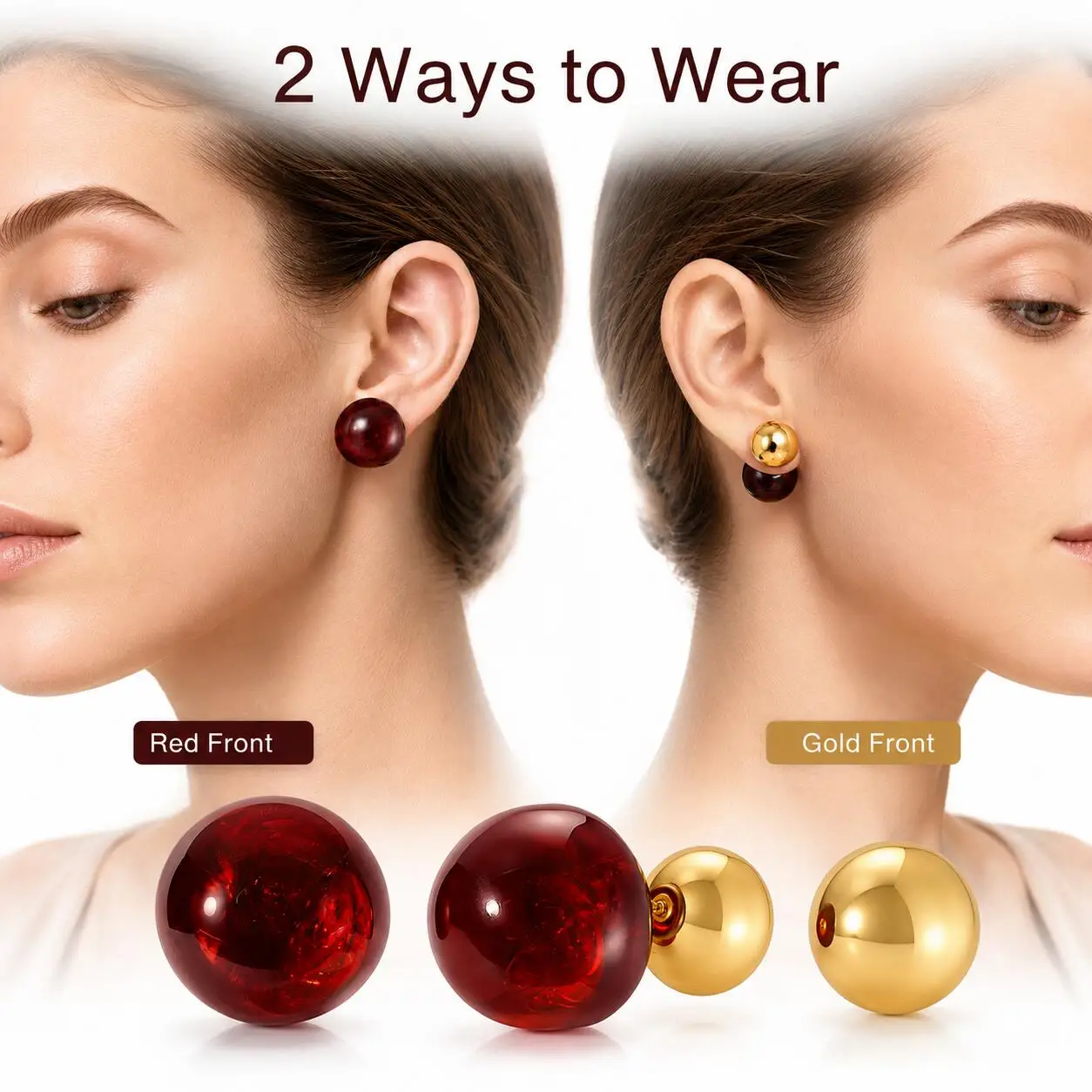 Elegant French Vintage Double Sided Cherry Red Ball Earrings for Women, 2 In 1 Front Back Stainless Steel Bubble Jewelry