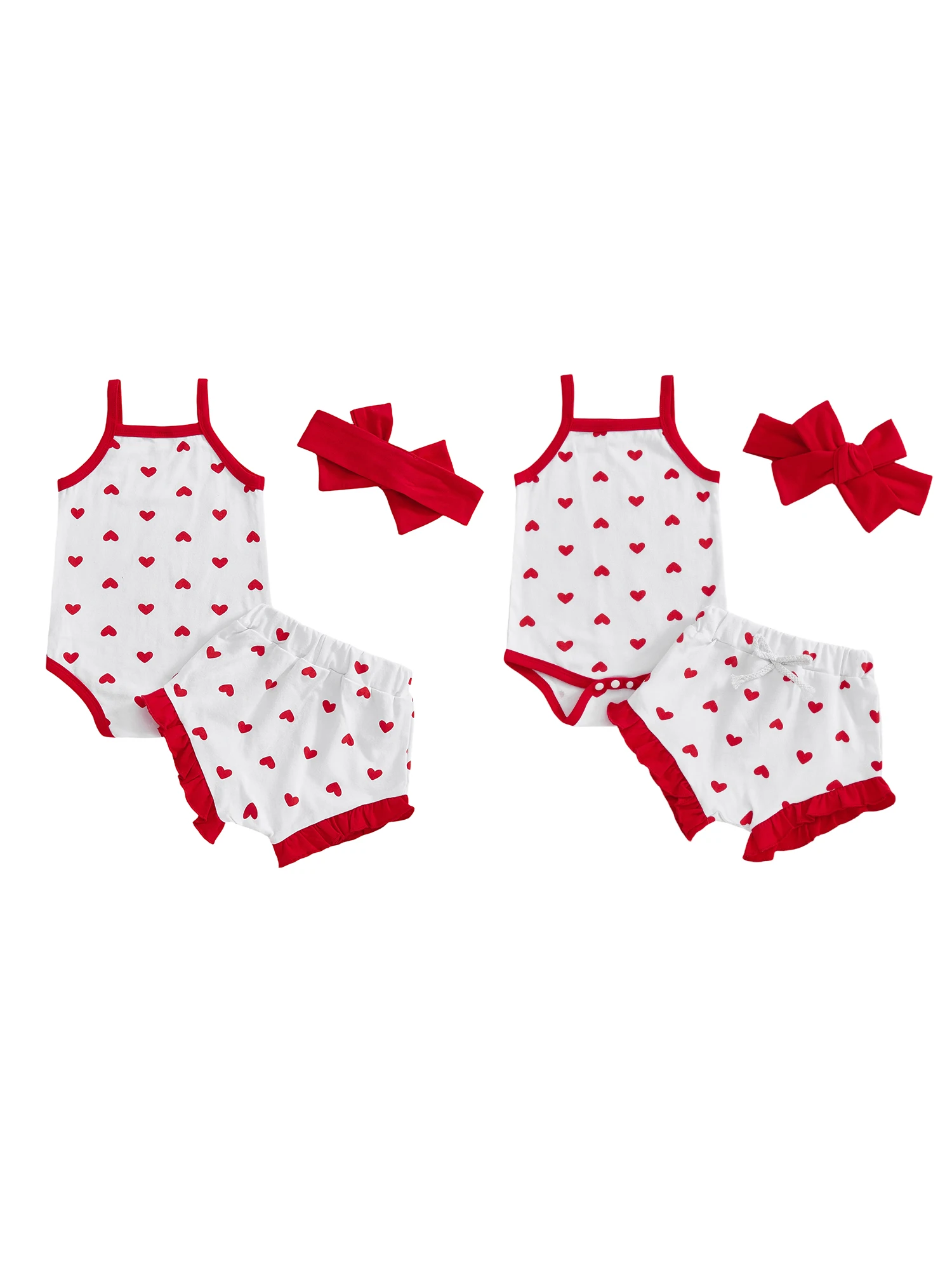 

Adorable Toddler Valentine s Day Ensemble with Heart Pattern Romper Frilly Shorts and Matching Headband - 3 Piece Set