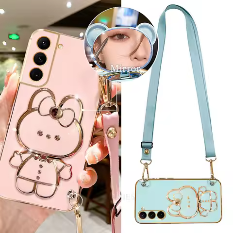 S 21 22 23 24 20 Crossbody Mirror Holder Silicone Case For Samsung Galaxy S21 S22 S23 S24 S20 Fe Plus Ultra Lanyard Cover S24fe