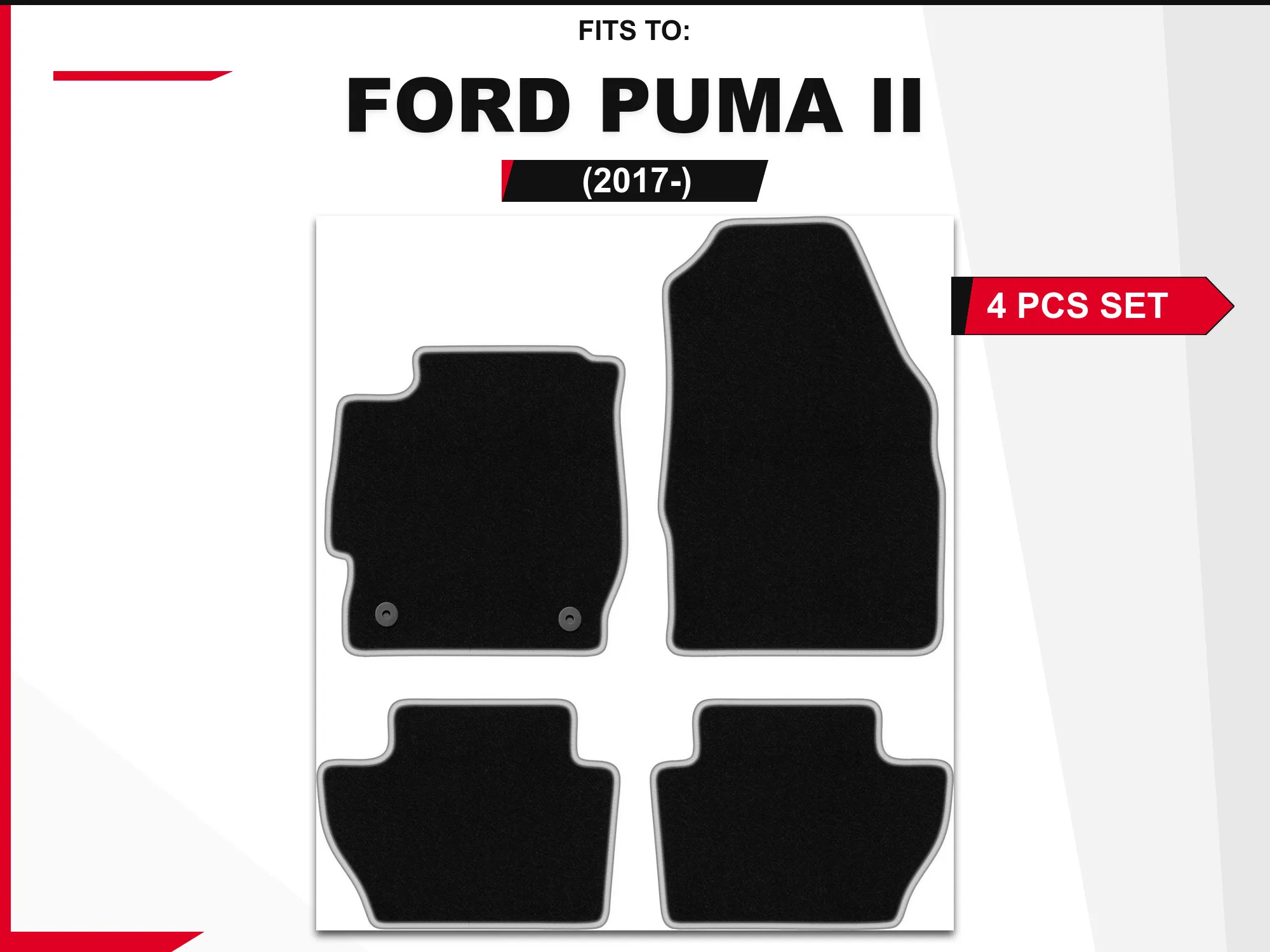 Velourstapijten voor: Ford Ka + 2014- hatchback zwart en zilver bijpassende set autovloerbedekking