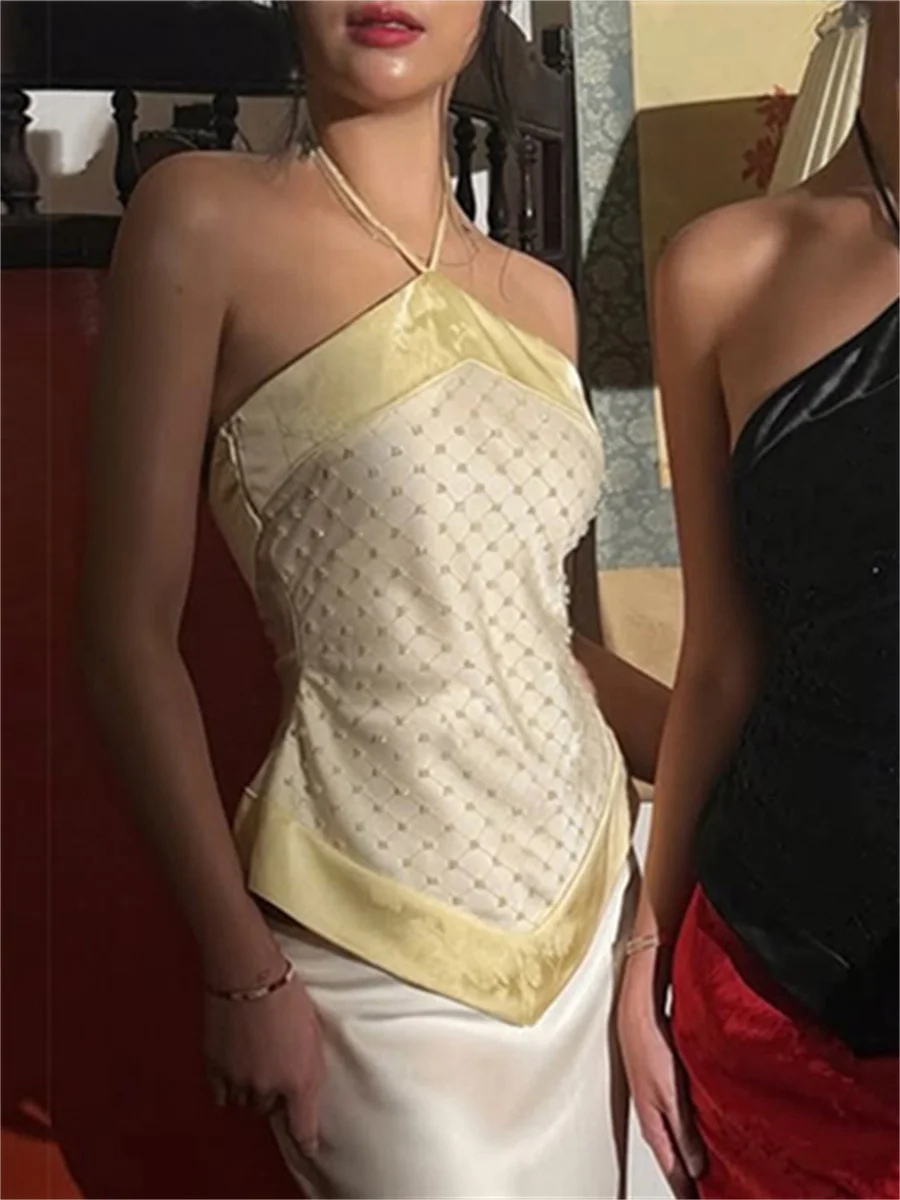 Weird Puss Patchwork Camisole Women Polka Dot Decoration Backless Halter Bandage Skinny Sexy Hottie Midnight Classic Streetwear