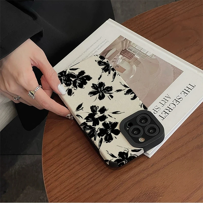 Retro Simple Ink Painting Flowers Case For iPhone 15 14 13 12 11 Pro Max 15 14plus 12 13Mini X XR XS Max 7 8Plus Soft Back Cover