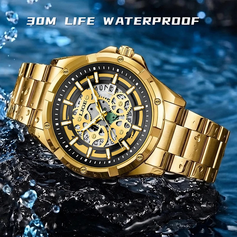 LIGE Gold Skeleton Men Watch Top Brand Luxury Waterproof Sport Quartz Wrist Watches For Men Fashion Business Luminous Male Clock