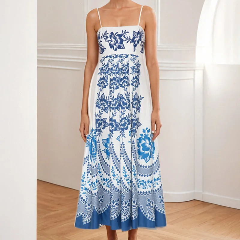 

Women's Fashion Blue And White Print Spaghetti Strap Maxi Dress Summer Runway Floral Print Vacation Beach Style Long Robes