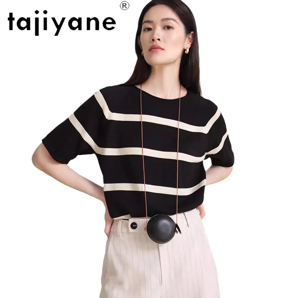 TAJIYANE T Shirts for Woman Elegant Summer Casual Tops Ice Silk Striped Knitted T Shirt Korean Fashion Women Clothing топ 2024