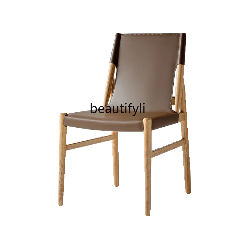 

Italian dining chair saddle leather chair solid wood backrest light luxury high-end home modern simplicity