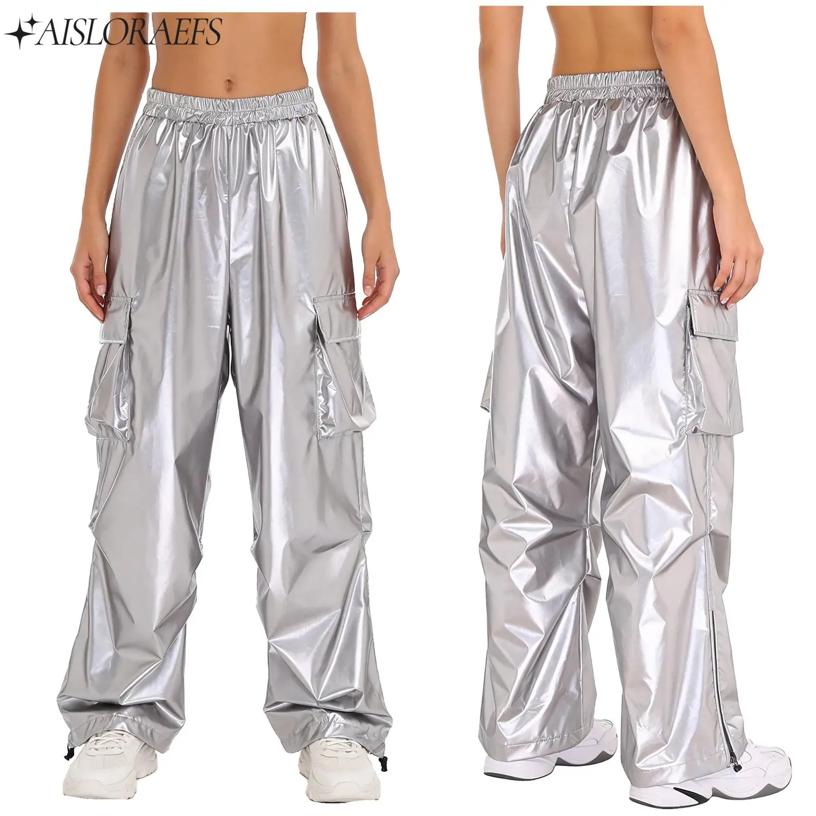 

Jazz Street Dance Pants for Womens Rock Dance Party Musical Clubwear Metallic Shiny Legs Cargo Pants Loose Fashion Trousers
