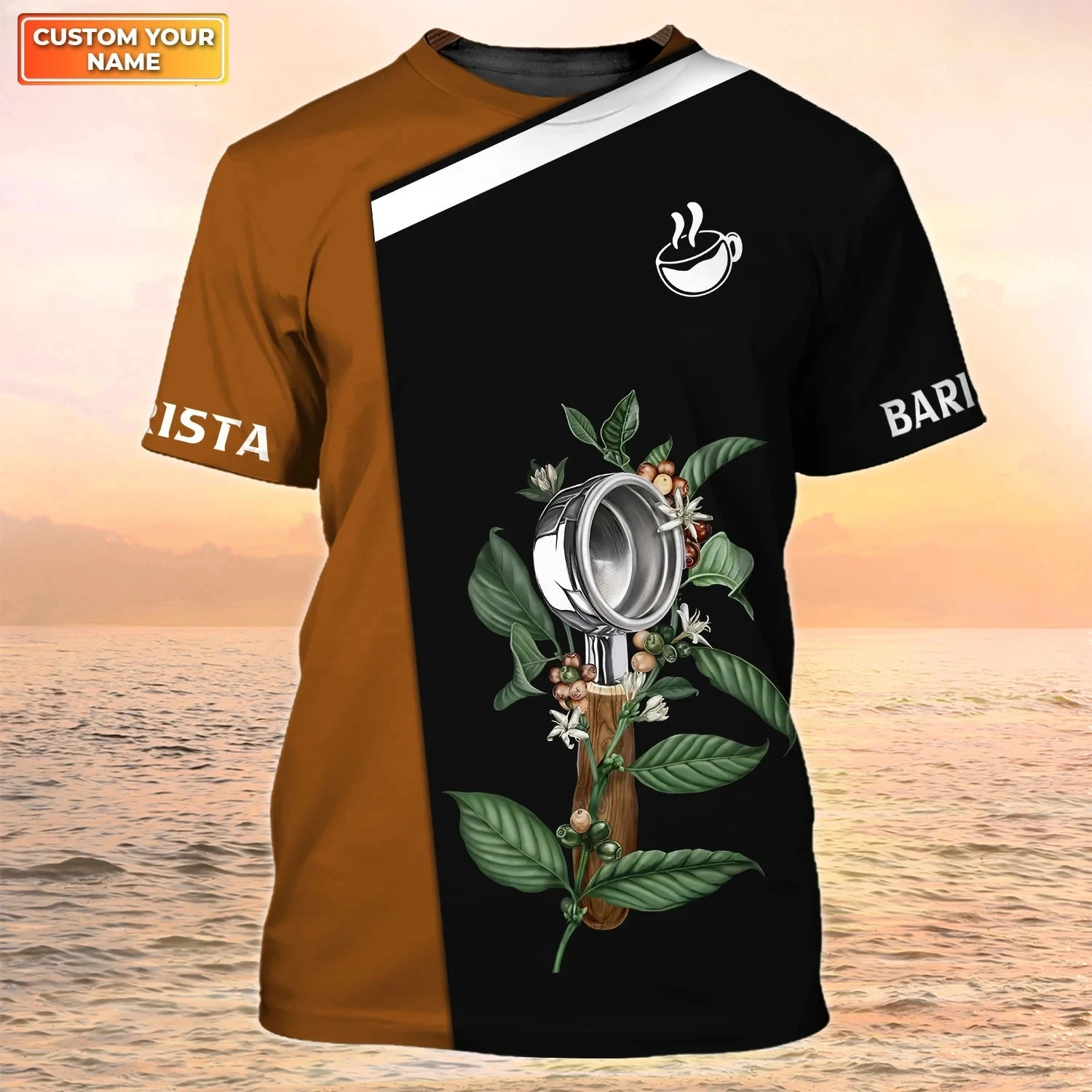 Fashionable New Personalized Coffee Shop Uniform Men\'s T-shirt Barista Summer Casual Comfortable Round Neck Short Sleeved