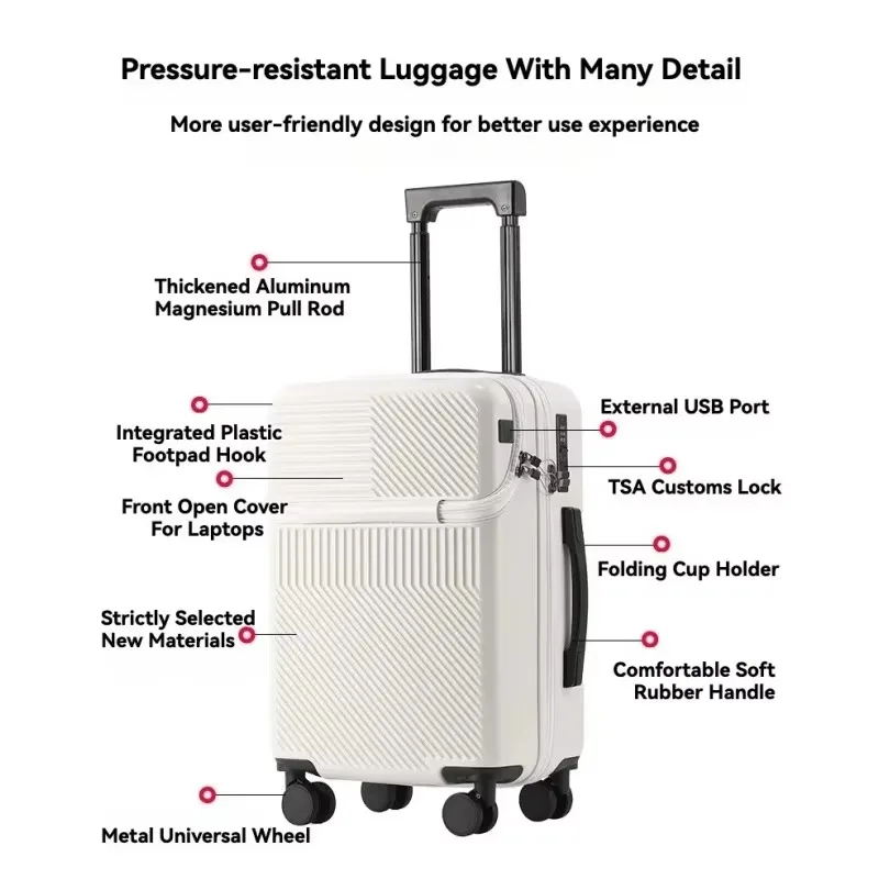الجبهة افتتاح جيب حقيبة السفر المتداول الأمتعة سبائك الألومنيوم عربة ABS + PC حقيبة مع عجلة دوارة منفذ شحن USB #6