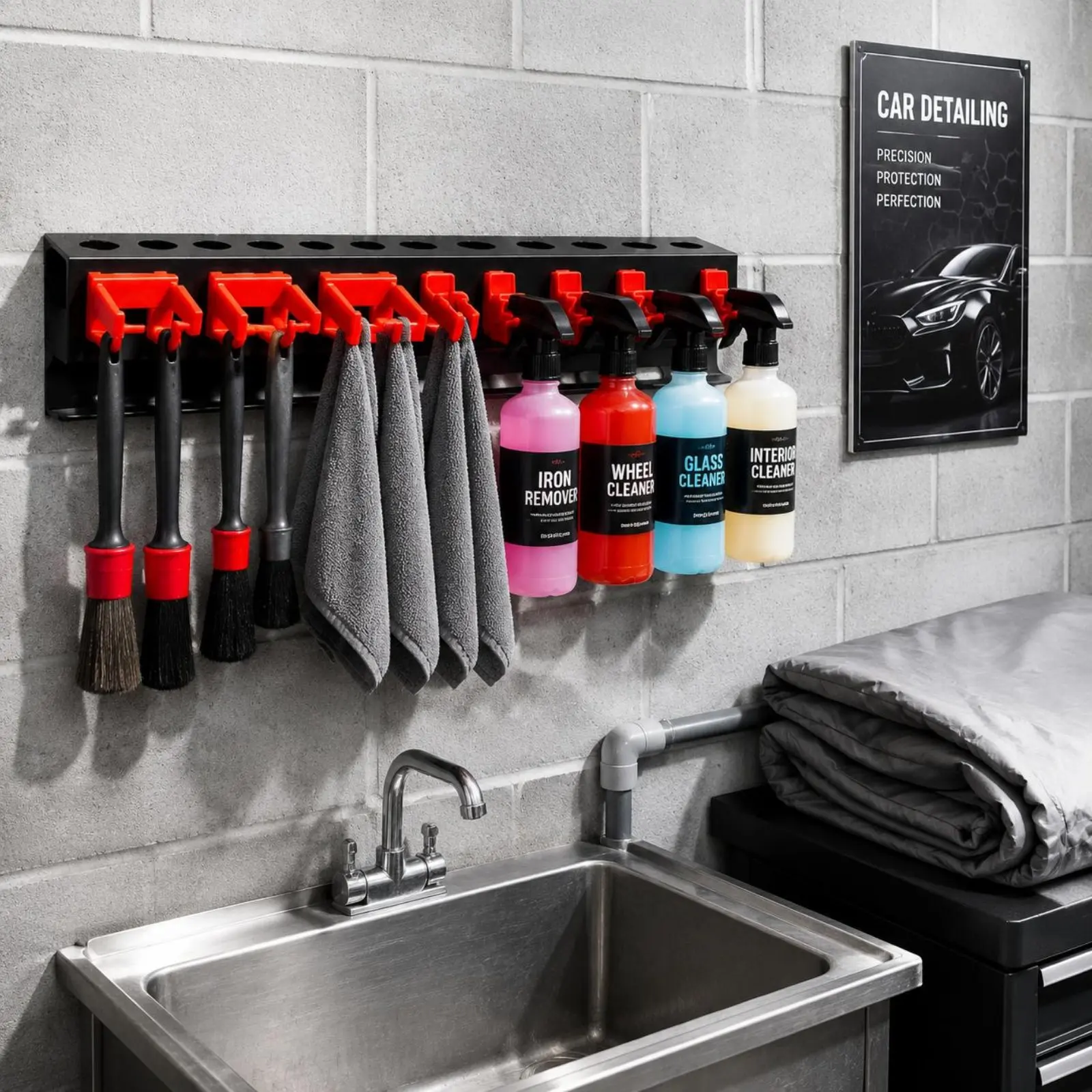 

Brush and Bottle Stand Space Saving Car Wash Brush Rack Car Detailing Storage Rack Easy to Install Wall Mount Bottle Organizer