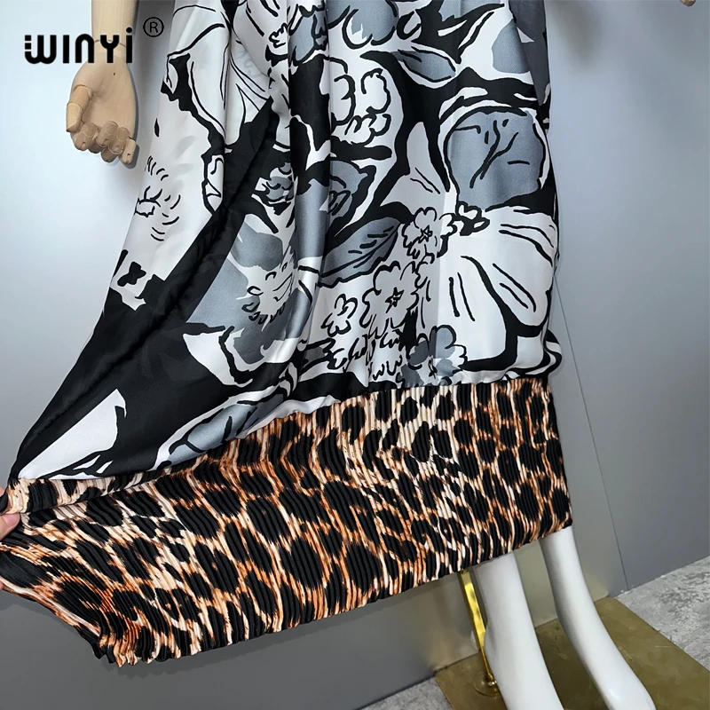 WINYI Abito estivo con stampa leopardata Donna design stropicciato Boho allentato abaya Dubai festa di lusso Elegante abito da sera pieghettato