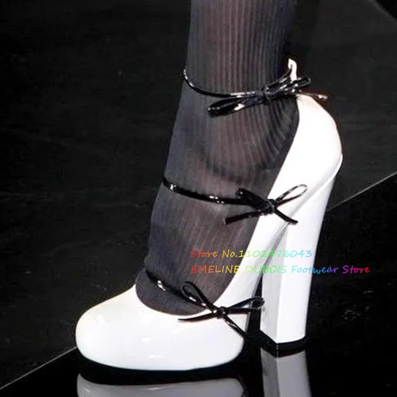 

Ladies Design Platform Bow Chunky High Heels Sandals Women Luxury Patent Leather Round Toe Elegant Color Blocking Shallow Pumps