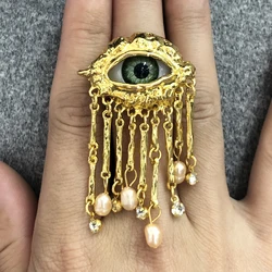 Women Vintage Eyes of Demon Ring Exaggerated Trendy Style Imitated Pearl Girls Devil's Eye Delicate Tassels Rings Jewelry Gifts