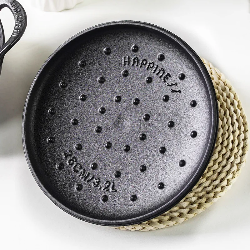 Multifunctional Cast Iron Flat-Bottomed Wok Soup Pot with Built-In Micro-Pressure Thickened Lid for Induction Cooktops