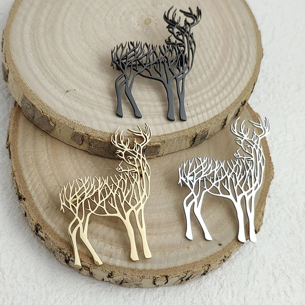 Original innovative branch sika deer hollow stainless steelGold-plated 18K brooch, suit lapel pin, waterproof formal fittings