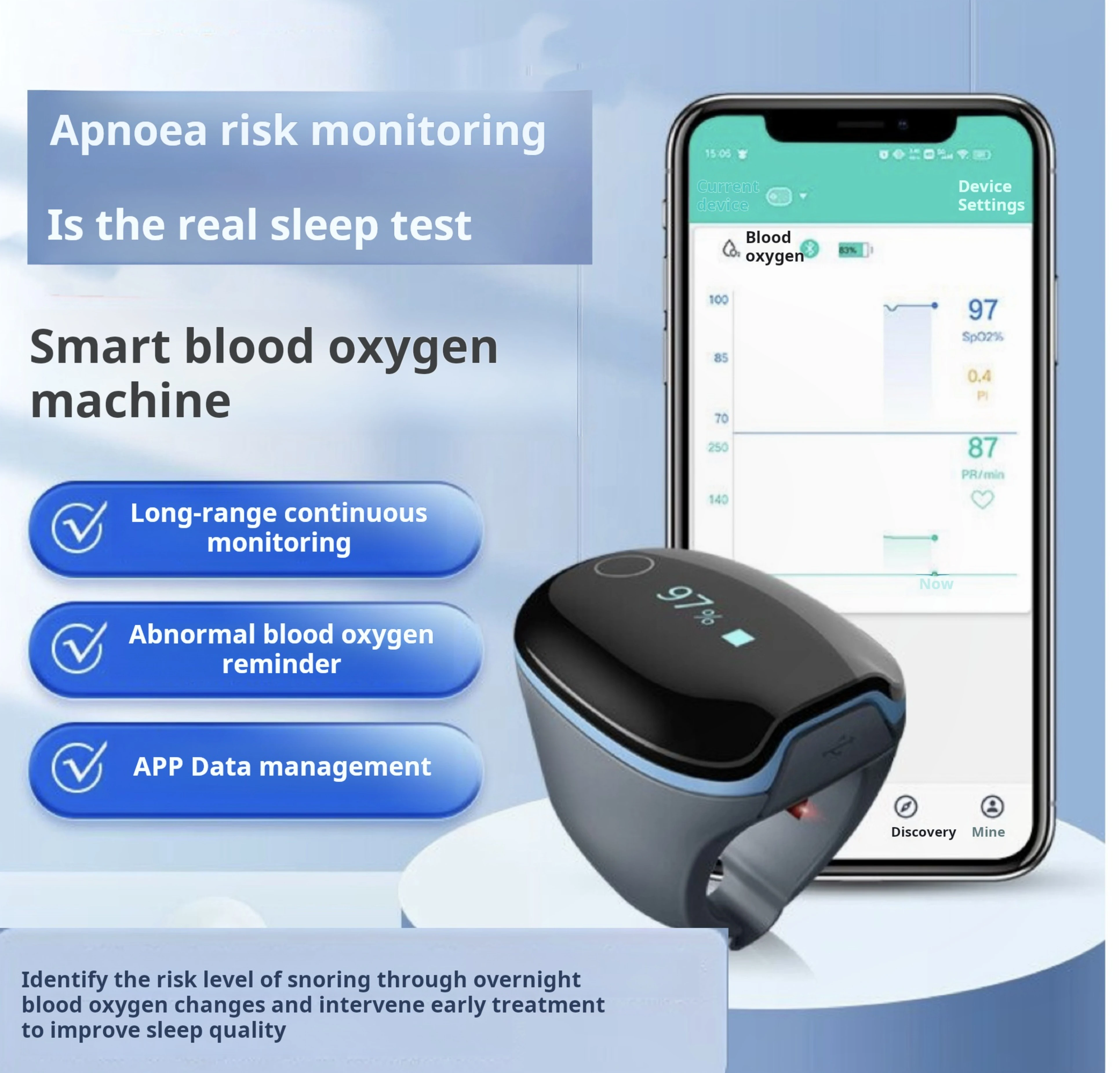 

Bluetooth blood oxygen monitor sleep apnea alarm blood oxygen meter sleep data recording anti snoring USB blood oxygen saturatio