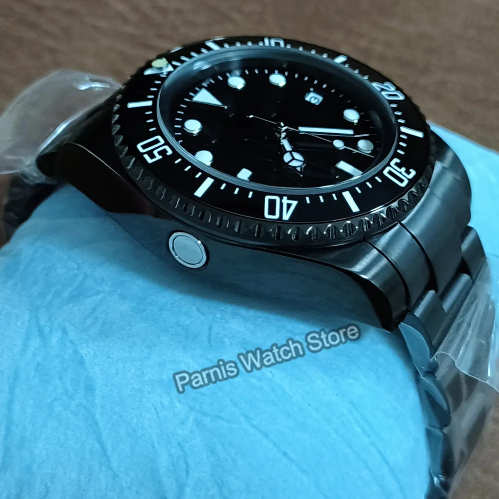 Parnis 43mm 自動巻きブラックダイヤルメンズウォッチ回転ベゼル夜光マーク