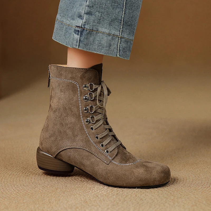 2027 New HOT SALES Fall Shoes Zipper Genuine Leather Boots Women Retro Lace Ankle Boots for Women Fashion Winter Boots Women