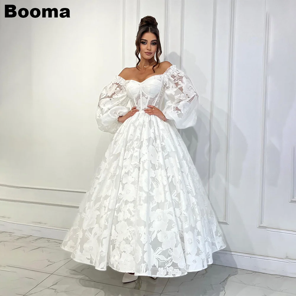 Booma-Robe de mariée florale A-ligne ivoire pour femme, manches longues bouffantes, longueur de rinçage, fête des patients, quelle que soit