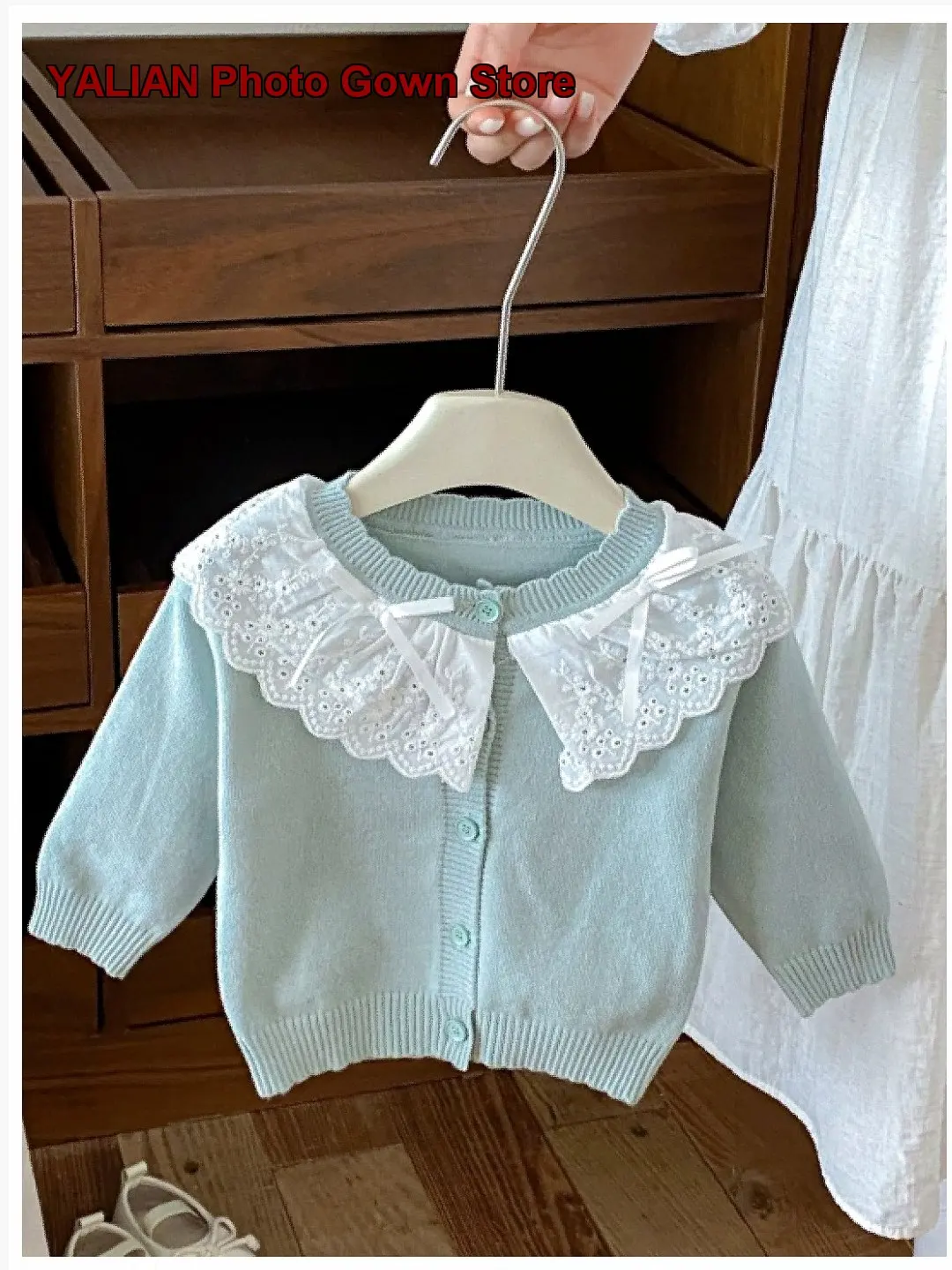 Girls Knit Cardigan Infant Spring Autumn Lace Applique Sweet Cartoon Pattern Blue