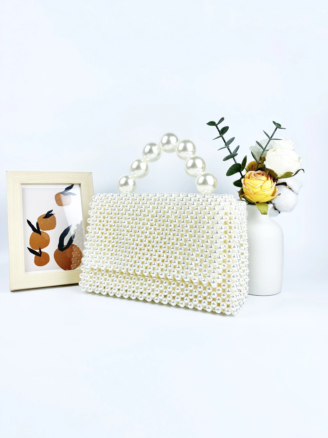 Unique and minimalist handmade beaded large pearl handbag with a niche, versatile and high-end square beaded bag