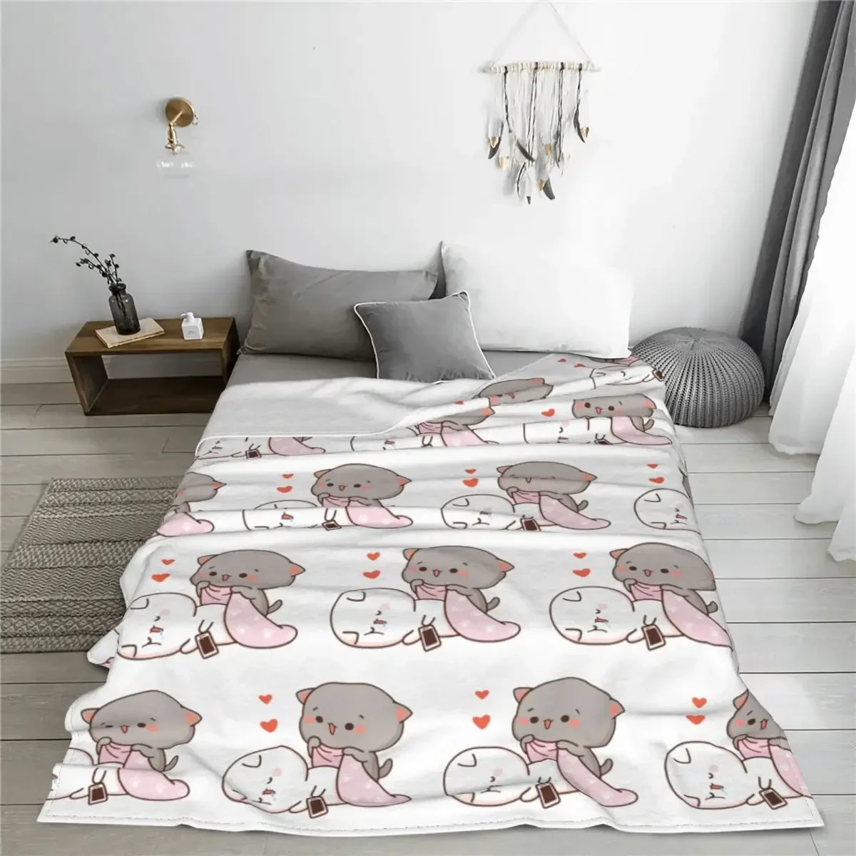 Kawaii Peach And Goma Mochi Drooling Blanket Cartoon Cat Flannel Throw Blankets Summer Air Conditioning Portable Soft Bedsprea