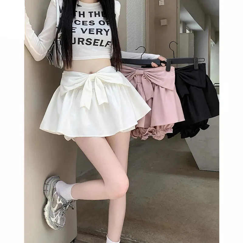 

Front Bow Tie Pleated Cake Skirt Women Summer Streetwear High Waist A Line Short Ball Skirts Girls Casual Shorts Saia Female