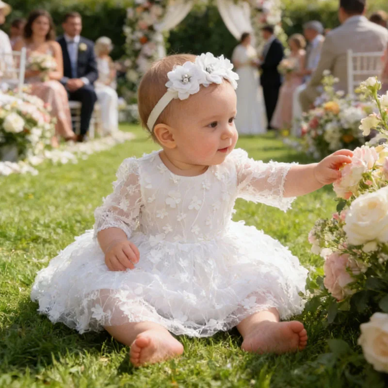 

Baby Dresses White Flower Princess Dress Elegant Baptism Infant Dress Gown Toddler Girls 1st Birthday Party Girls Dress For Eid