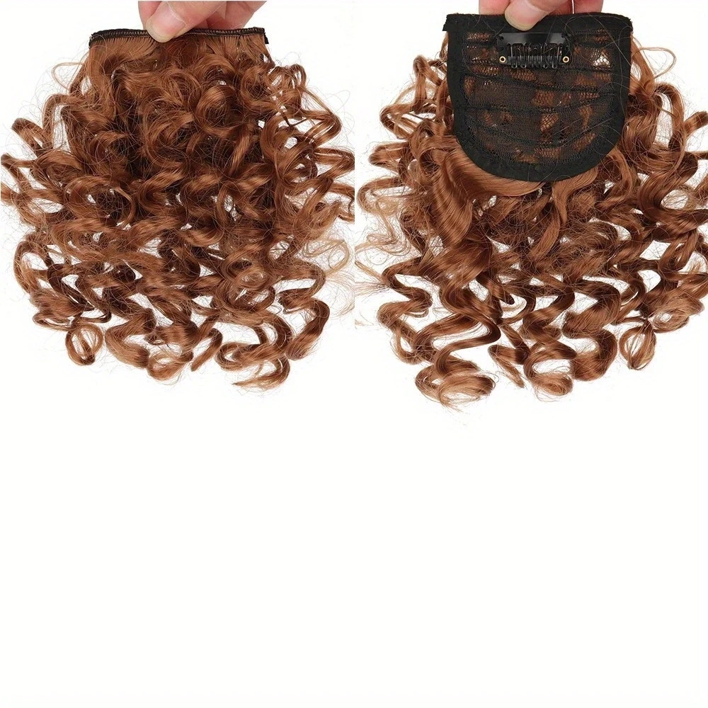 Poni sintetis keriting untuk wanita, ekstensi rambut serat tahan panas bergaya alami klip poni keriting Afro Puff Kinky