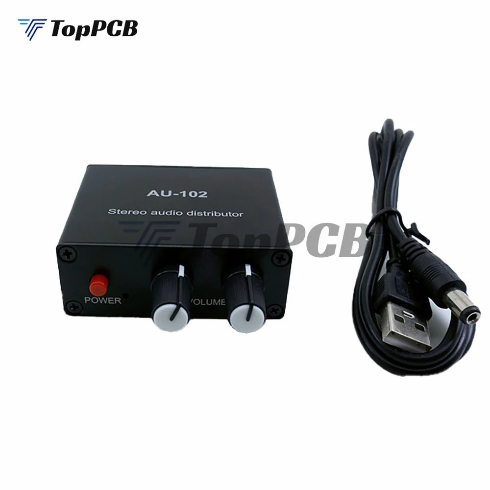 AU-102 Stereo Audio Distributor 1 Input 2 Output Music Signal Pre-amplifier Headphone Amp DC 5V 5.5*2.1MM 3.5mm Volume Control