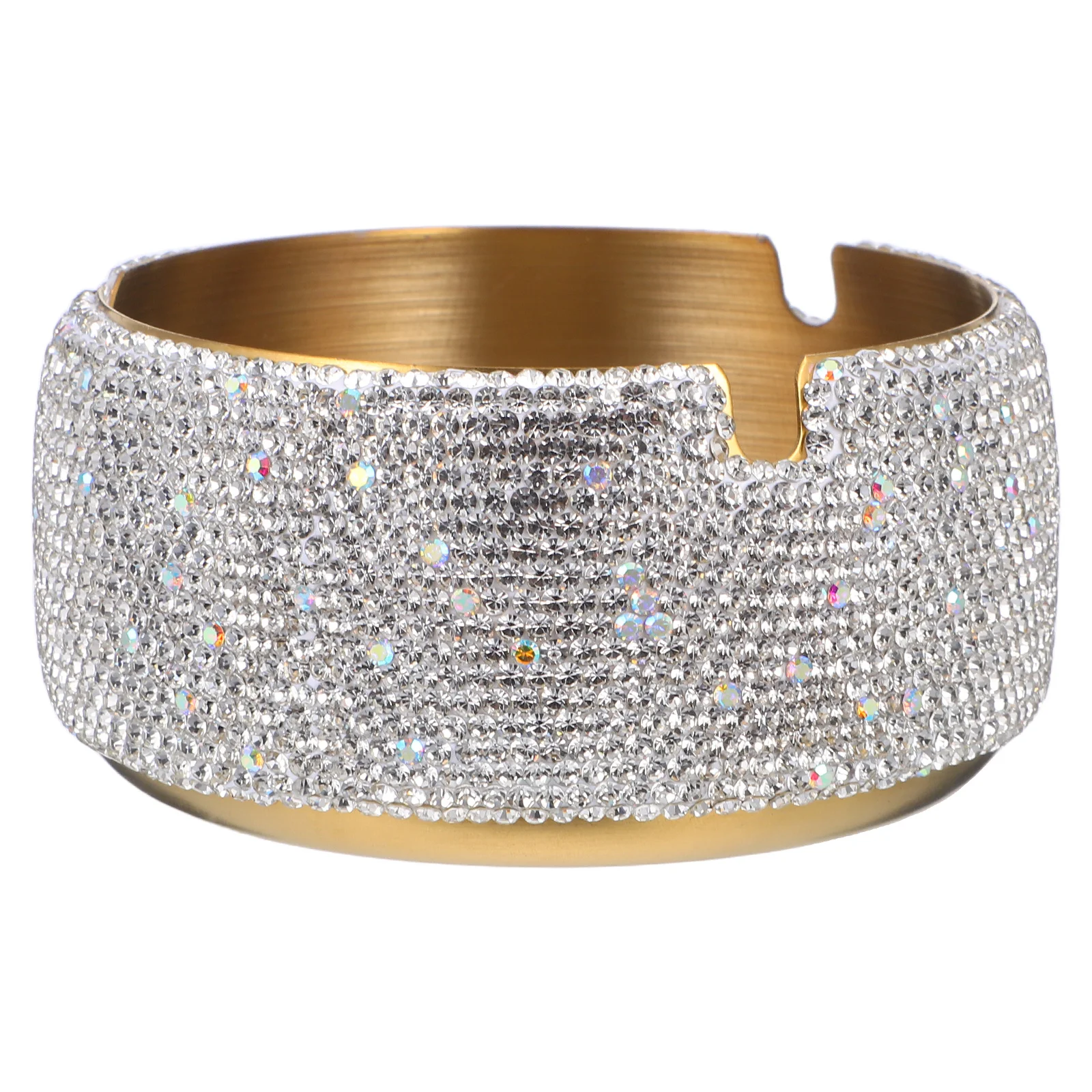 

Stainless Steel Ashtray Bling Rhinestone Round Design For Home Office Indoor Outdoor Use Windproof Cigarette Holder
