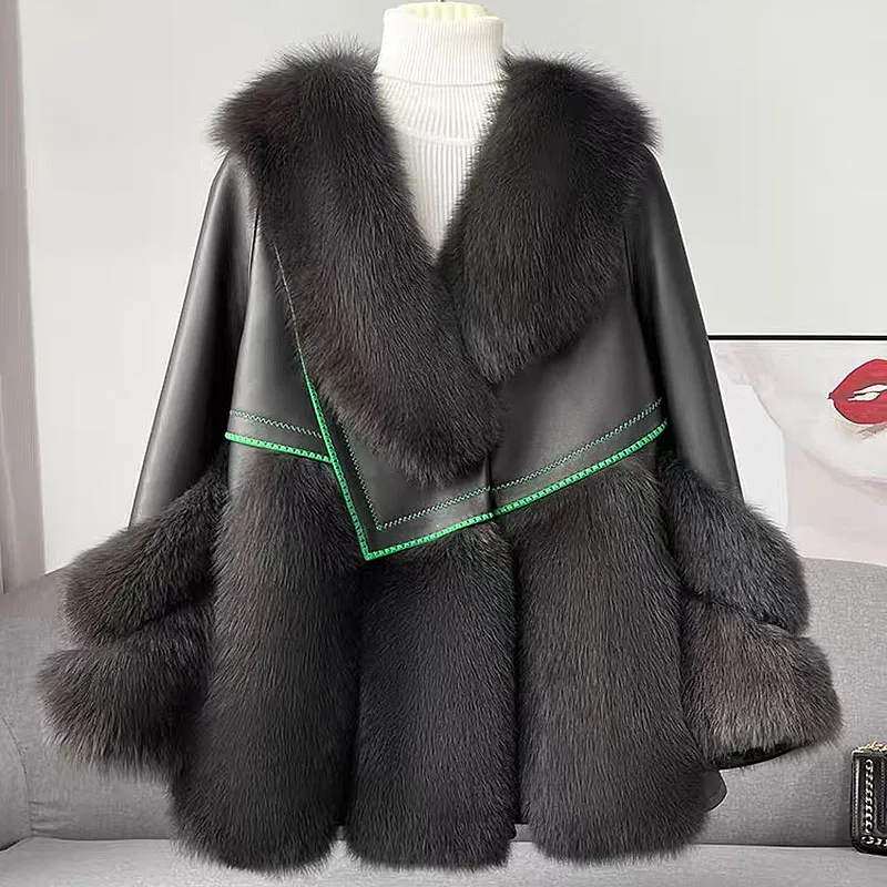 New fashion real fox fur coat and 100% real sheepskin made for fur one-body fur jacket lined with down fur for women fur coat