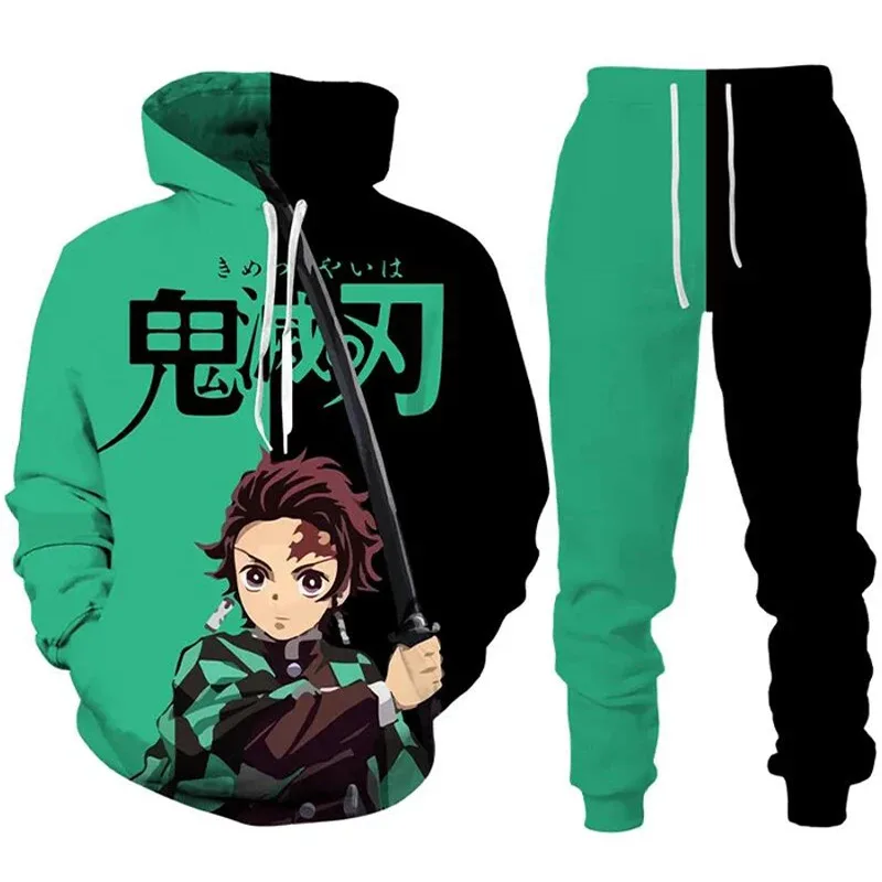 Anime Demon Slayer Hoodie 3Dพิมพ์คอสเพลย์กางเกงHoodie 2PCSชุดTracksuitผู้ชายOversize Vintage Streetwear Hoodieกางเกงเด็กชุด