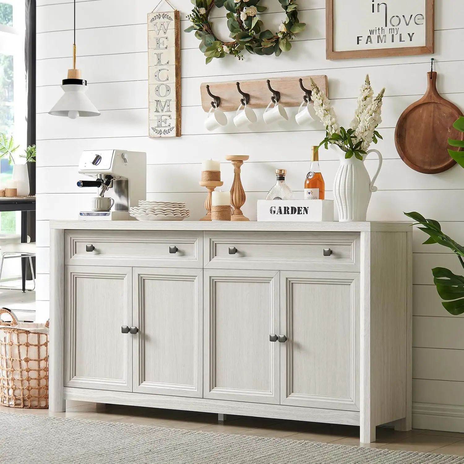 

Farmhouse Sideboard Buffet Cabinet With Drawers, 59"" Large Credenza Buffet Storage Cabinet With Shelves & 4 Doors, Wood Rustic