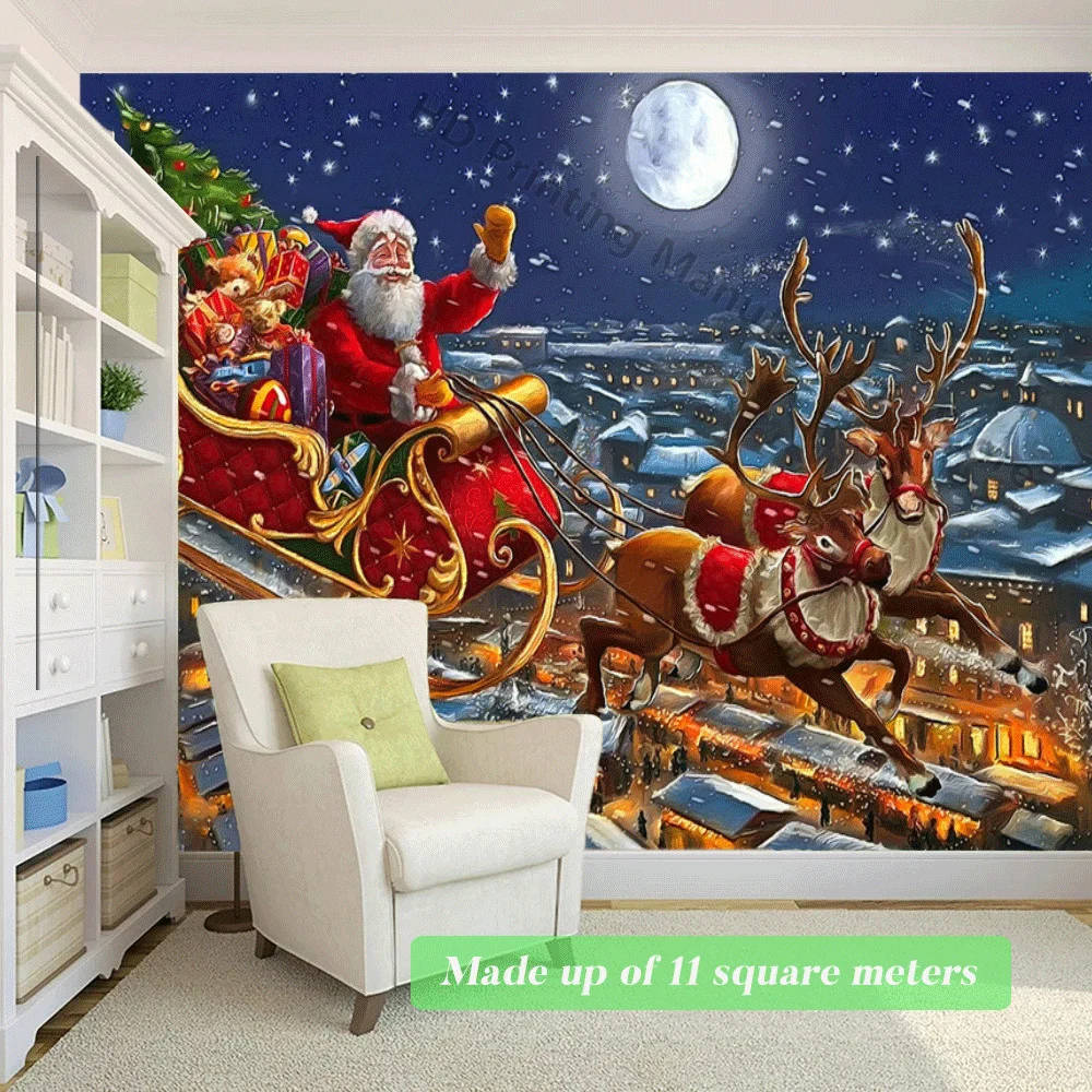 Christmas Gift Shop Wallpaper Non-Woven Fabric Moon Backdrop Wreath Photo New Year Toy Reindeer Santa Family Party Wall Decor