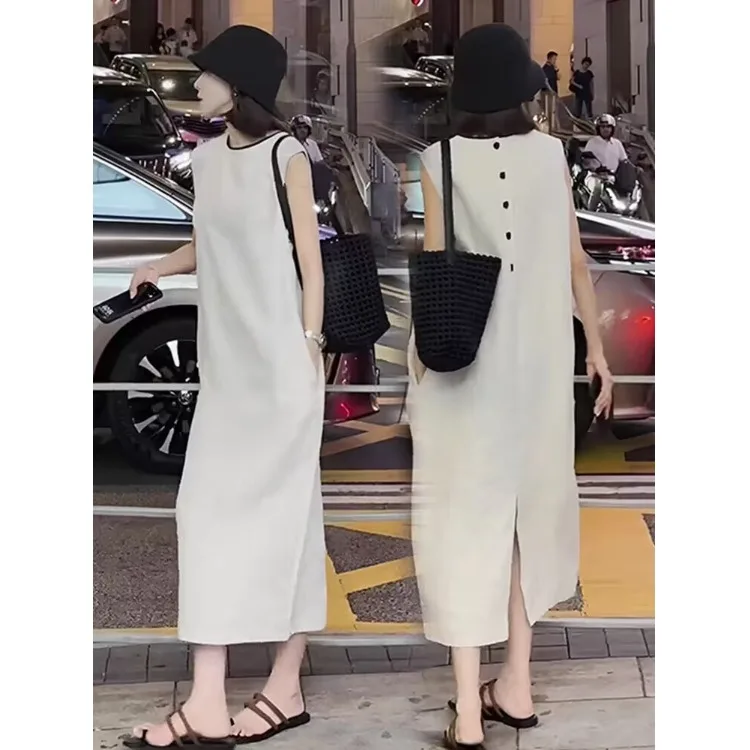

Japanese Style Cotton Linen round Neck Sleeveless Vest Dress Women Summer Large Size Loose Slimming Linen A-Line Skirt