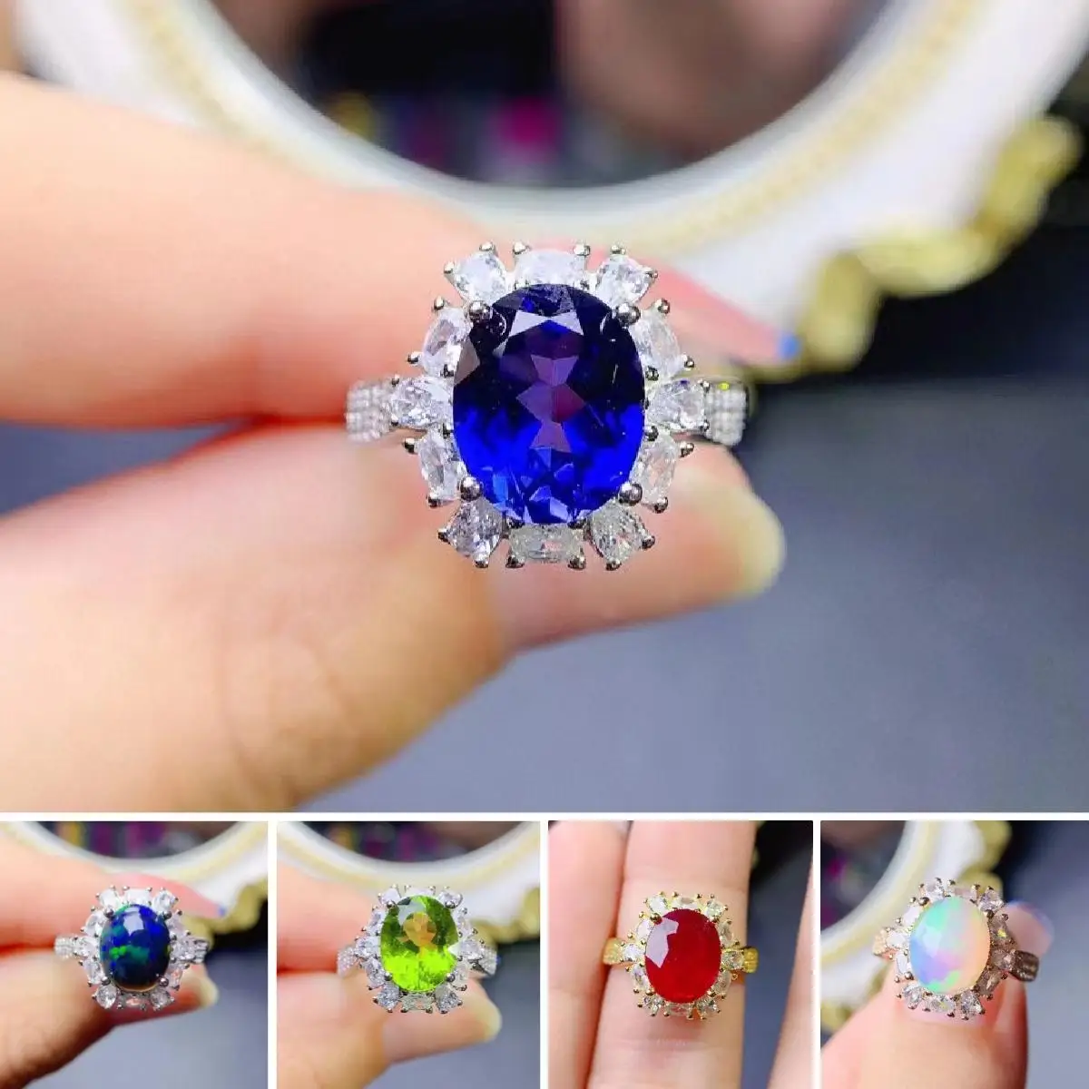 

FS Natural 8*10 Sapphire/Opal/Ruby Ring for Women S925 Sterling Silver Fashion Fine Charm Wedding Jewelry MeiBaPJ