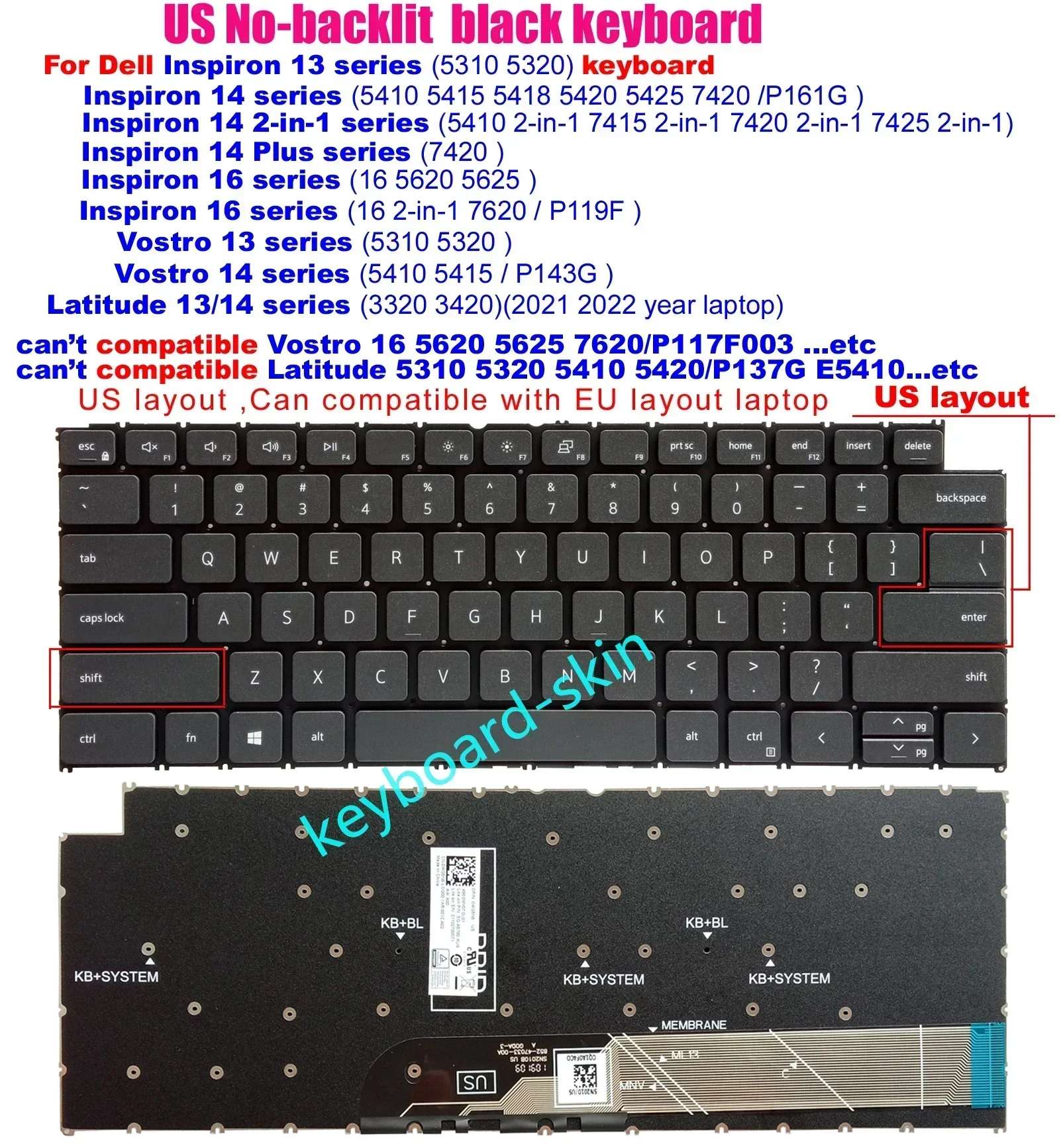 US No-backlit Keyboard For Dell Inspiron 13.3